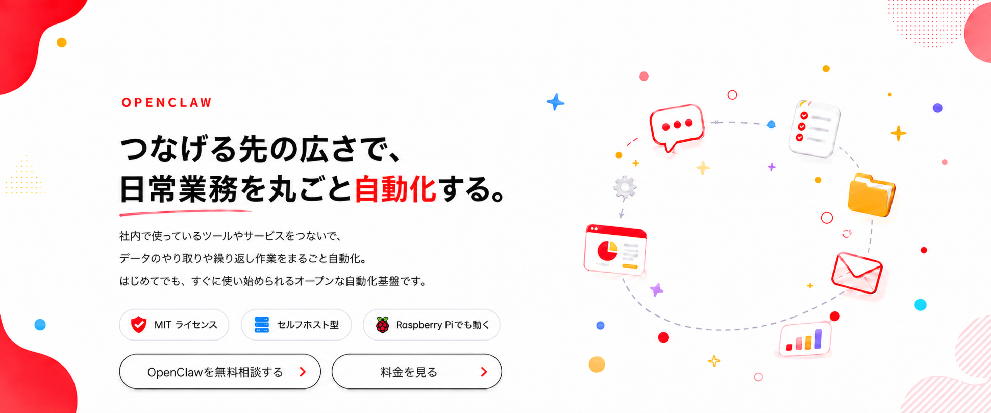 OpenClawでチャット・ファイル・メールなどをつなぎ、日常業務を自動化するイメージ