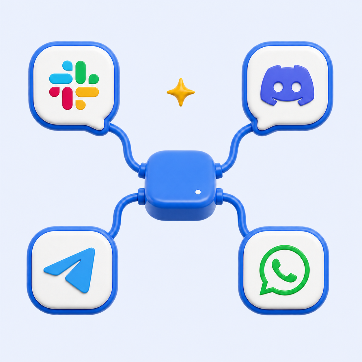 Slack、Discord、Telegram、WhatsAppが中央の接続点につながるようす
